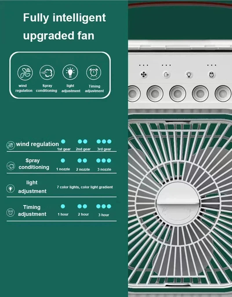 Portable Desktop Cooling Fan with Mist & Mood Light – USB Rechargeable Air Humidifier