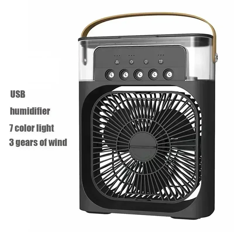 Portable Desktop Cooling Fan with Mist & Mood Light – USB Rechargeable Air Humidifier