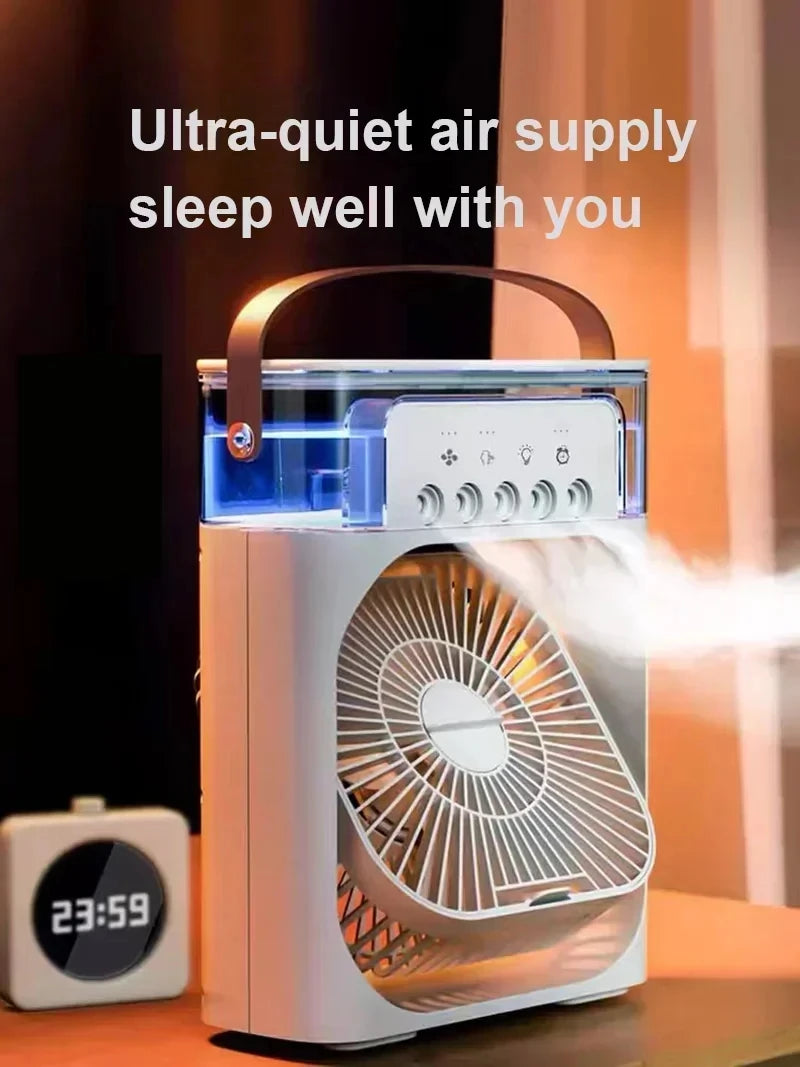 Portable Desktop Cooling Fan with Mist & Mood Light – USB Rechargeable Air Humidifier
