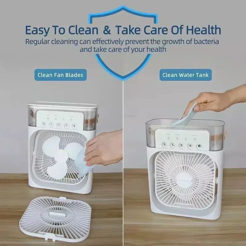 Portable Desktop Cooling Fan with Mist & Mood Light – USB Rechargeable Air Humidifier