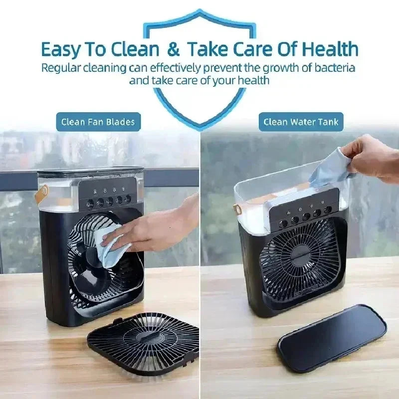 Portable Desktop Cooling Fan with Mist & Mood Light – USB Rechargeable Air Humidifier