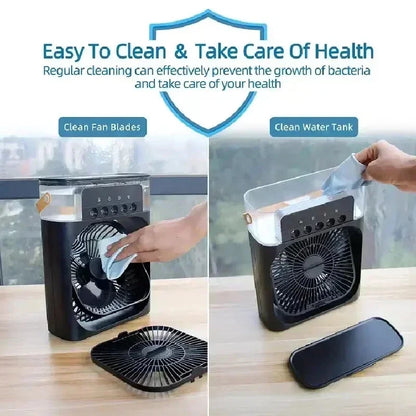 Portable Desktop Cooling Fan with Mist & Mood Light – USB Rechargeable Air Humidifier