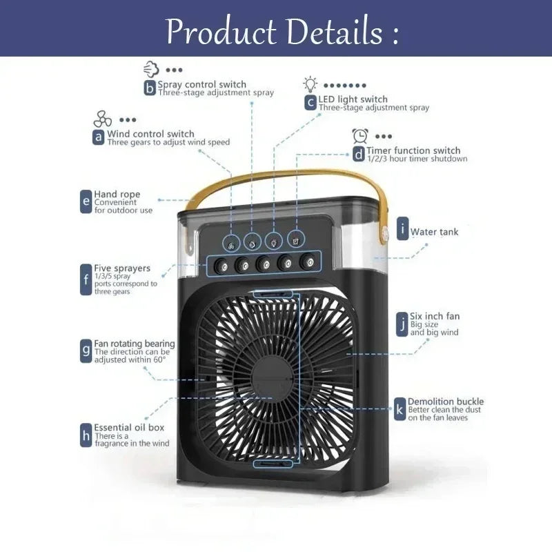 Portable Desktop Cooling Fan with Mist & Mood Light – USB Rechargeable Air Humidifier