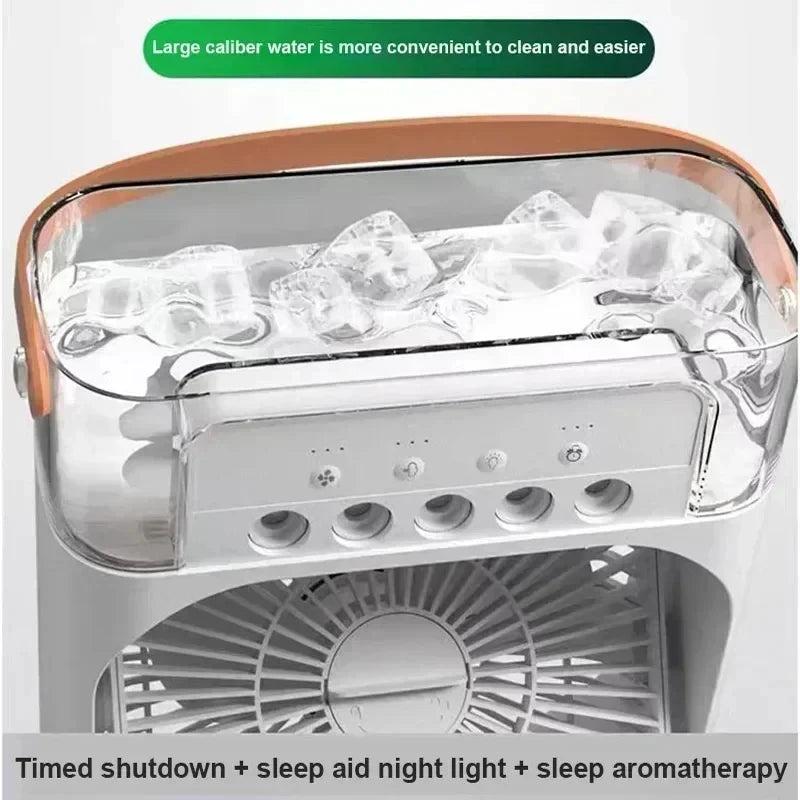 Portable Desktop Cooling Fan with Mist & Mood Light – USB Rechargeable Air Humidifier