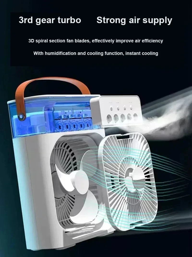Portable Desktop Cooling Fan with Mist & Mood Light – USB Rechargeable Air Humidifier