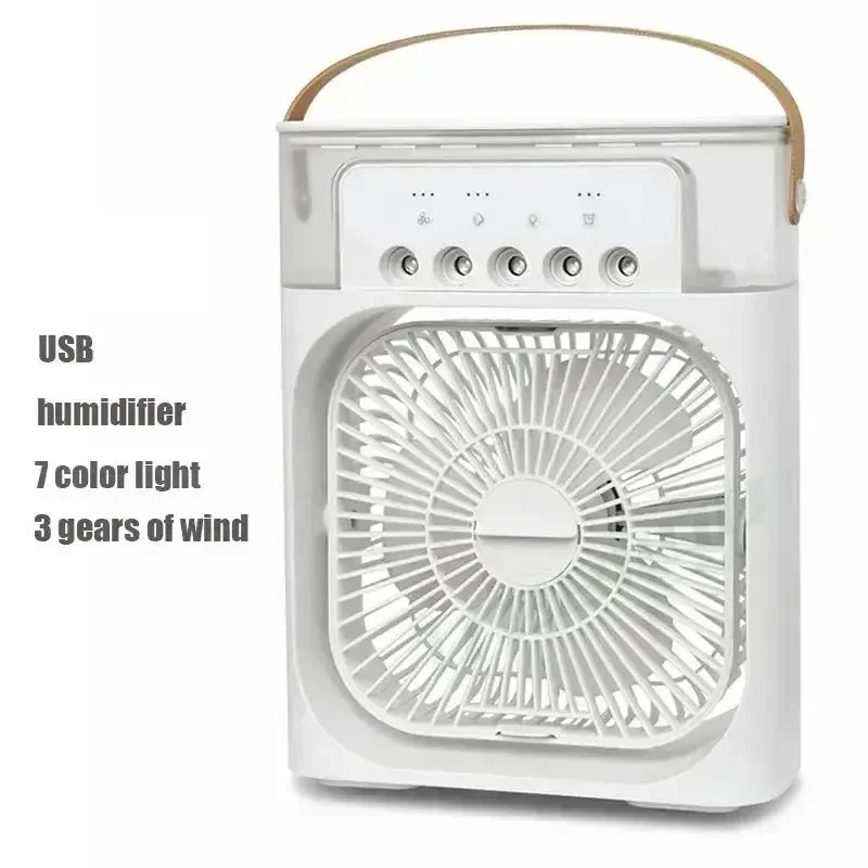 Portable Desktop Cooling Fan with Mist & Mood Light – USB Rechargeable Air Humidifier