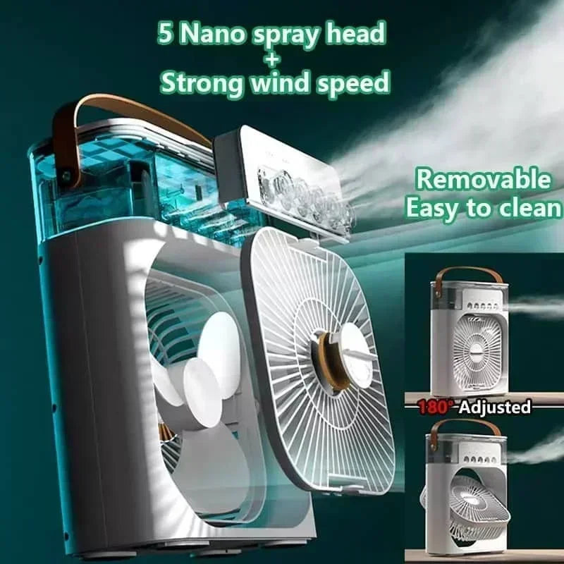 Portable Desktop Cooling Fan with Mist & Mood Light – USB Rechargeable Air Humidifier