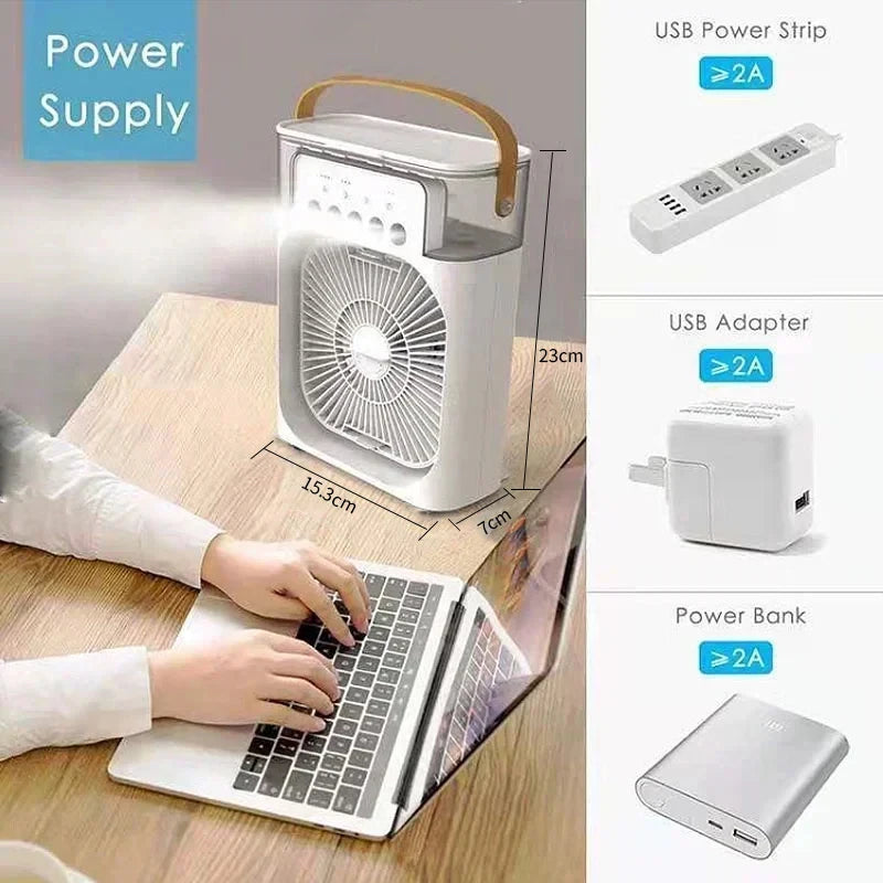 Portable Desktop Cooling Fan with Mist & Mood Light – USB Rechargeable Air Humidifier