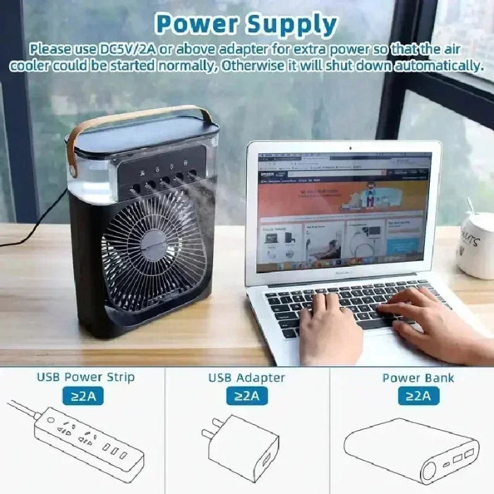Portable Desktop Cooling Fan with Mist & Mood Light – USB Rechargeable Air Humidifier